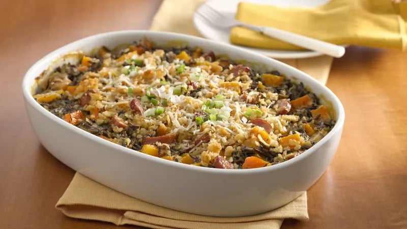 Andouille Sausage, Squash and Wild Rice Casserole