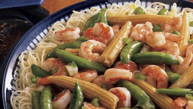 Stir-Fried Shrimp and Snap Peas Over Capellini