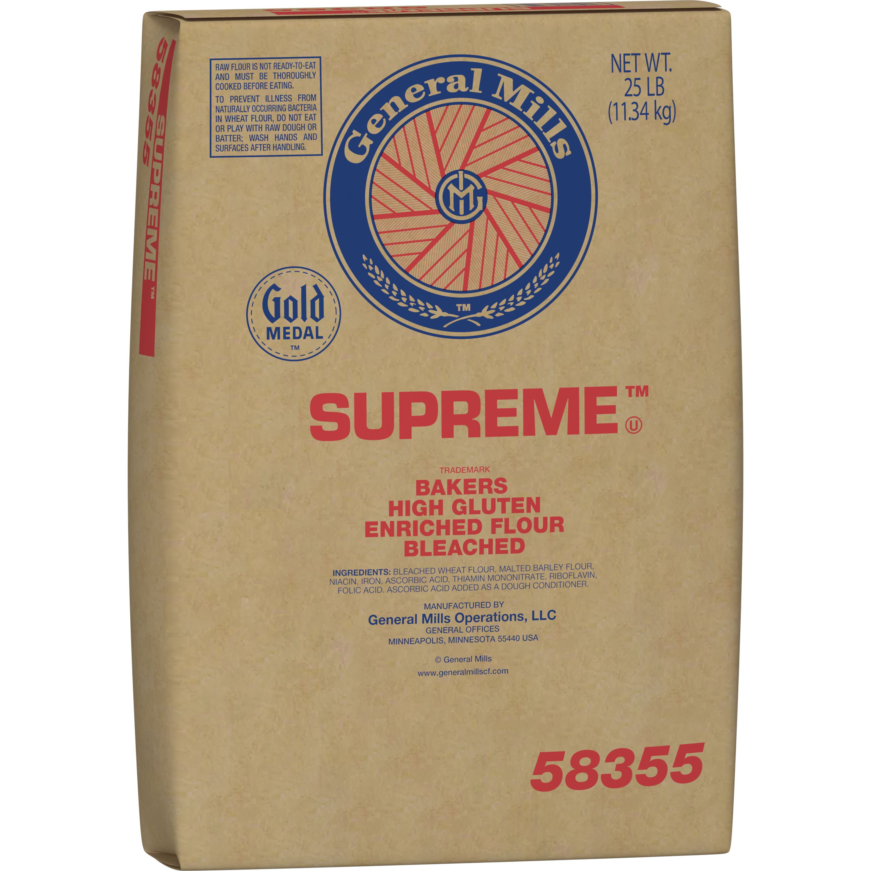 Case - Left Front 3D Gold Medal Supreme Bakers High Gluten Flour Bulk Sack Bleached Enriched 25 LB