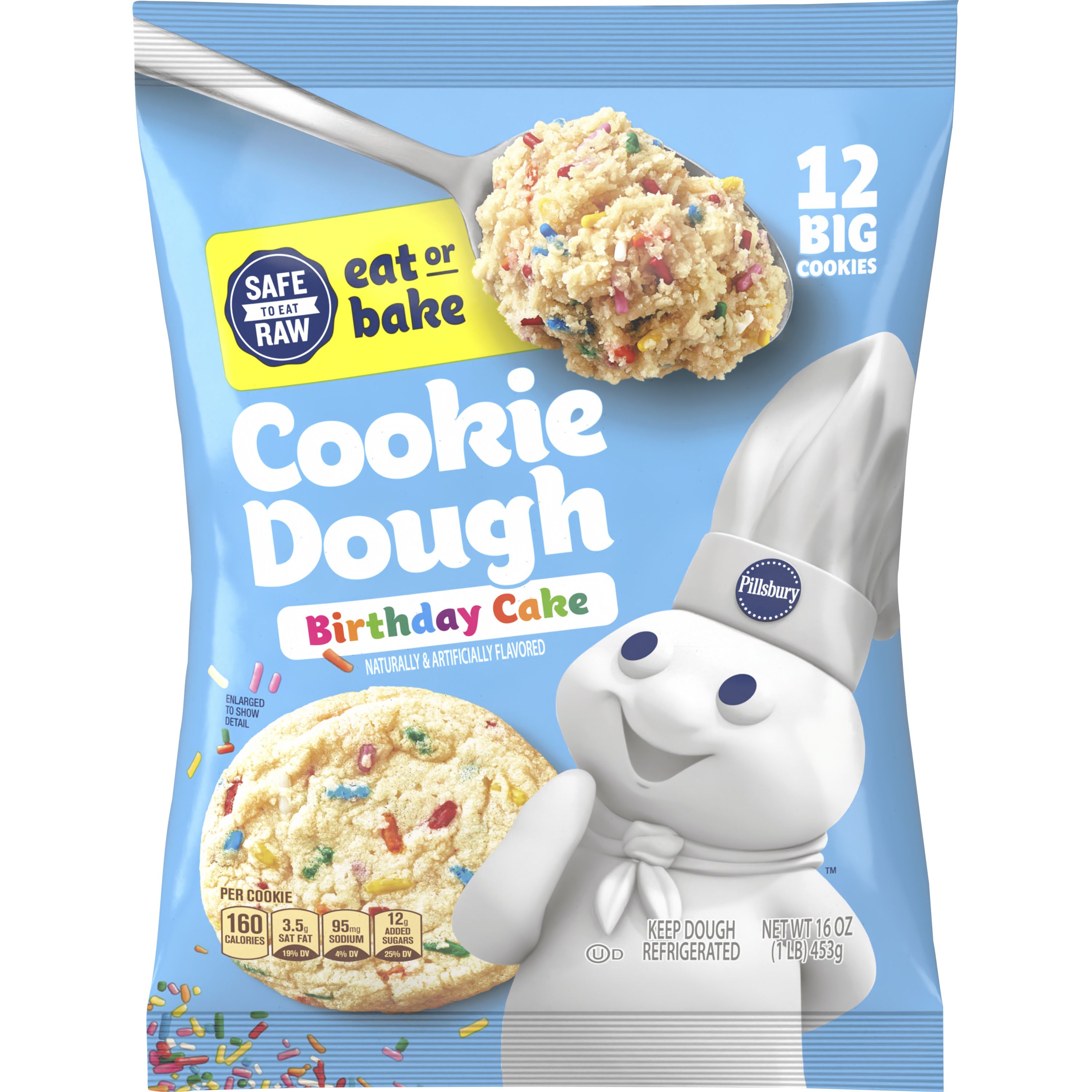 Pillsbury Eat or Bake Birthday Cake Cookie Dough, with Sprinkles, Safe to Eat Raw, Makes 12 Big Cookies, 16 oz - Front