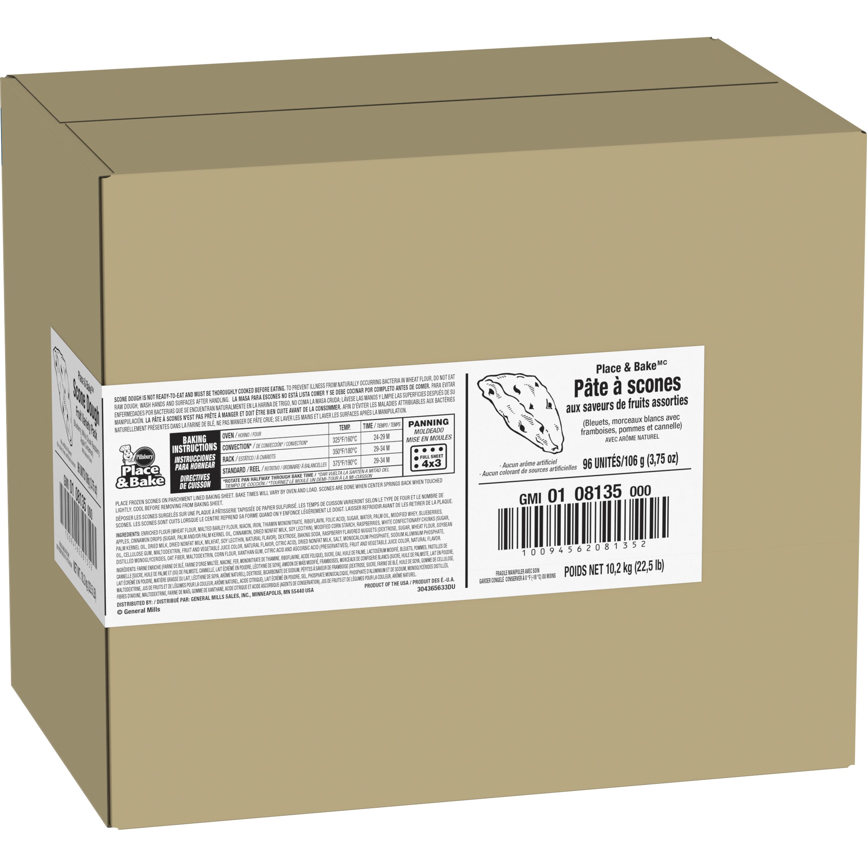 Case - Left Front 3D Pillsbury Frozen Scone Dough Bulk Variety Pack Place & Bake Blueberry White Chunk Raspberry, Apple Cinnamon 96/3.75 OZ