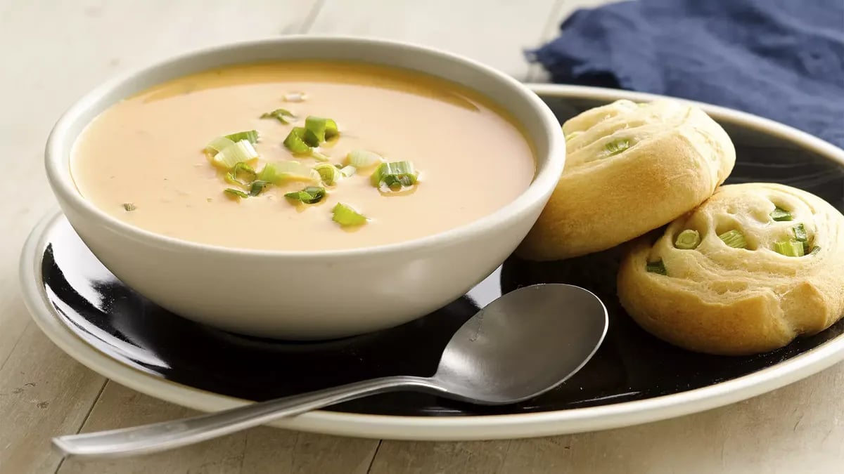 Creamy Chipotle Butternut Squash Soup with Onion Crescent Rounds