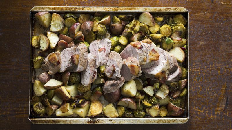 One-Pan Roasted Pork Loin Dinner with Bacon, Brussels Sprouts and Red Potatoes