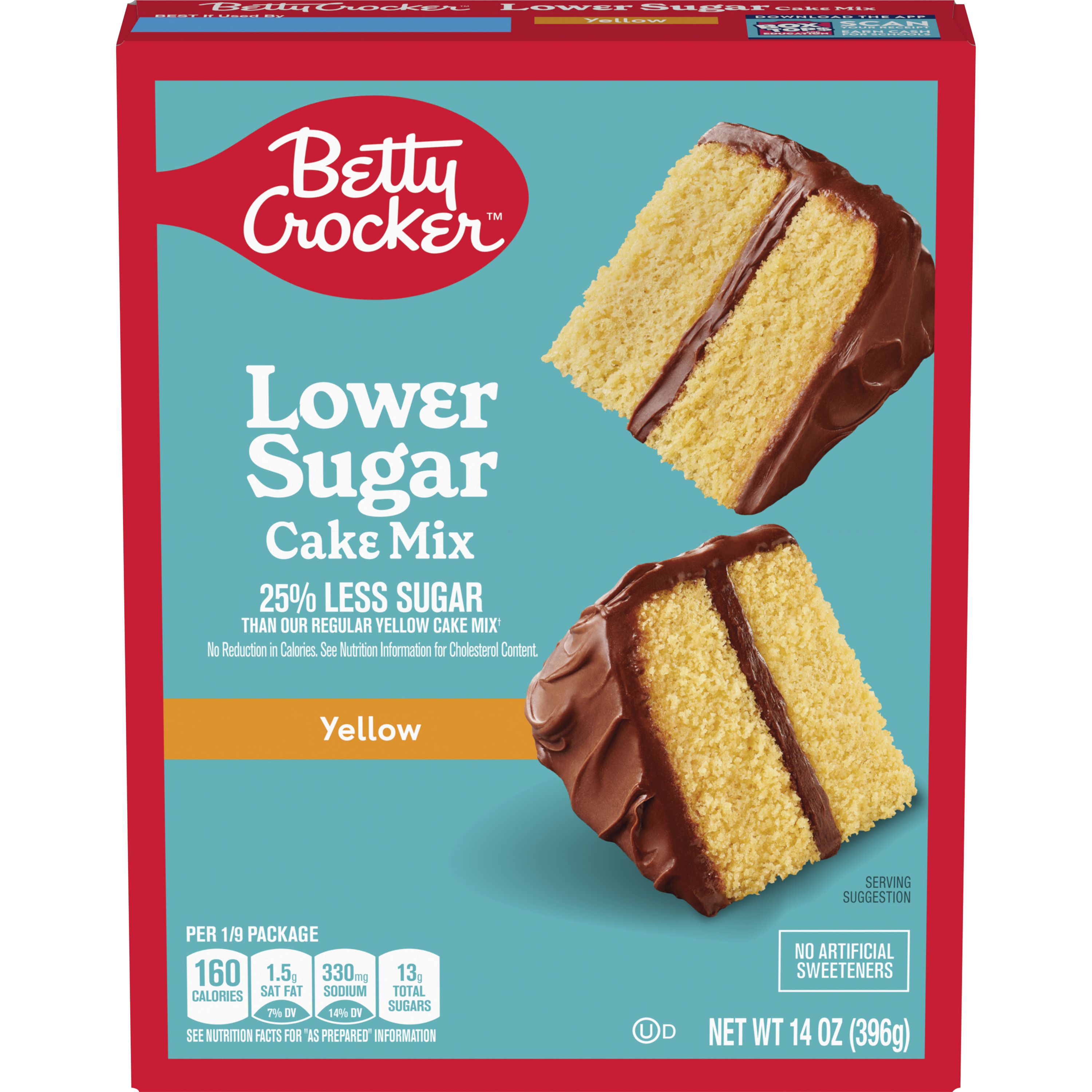 Betty Crocker Lower Sugar Yellow Cake Mix, No Artificial Sweeteners, 14 oz - Front