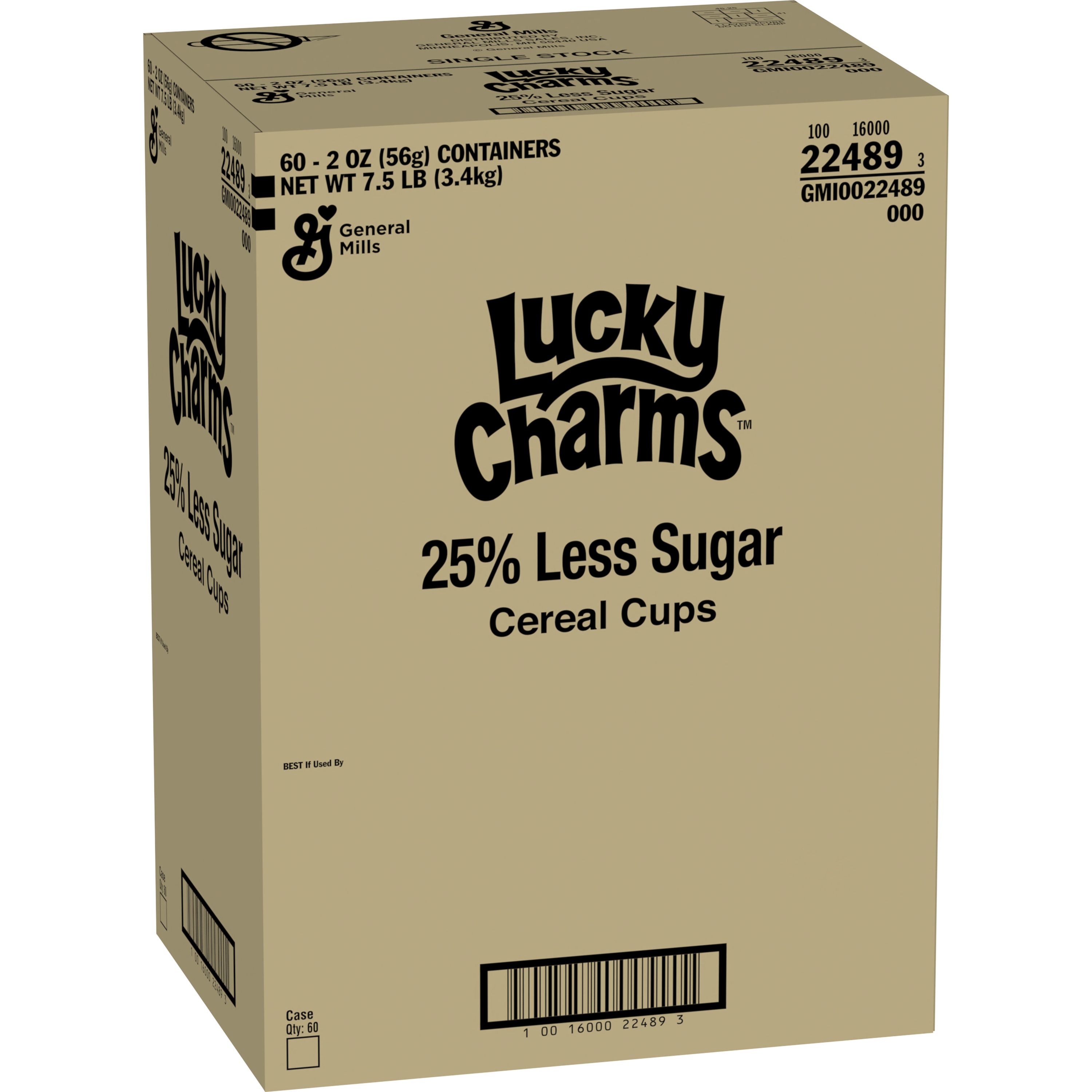 Case - Left Front 3D Lucky Charms Gluten Free Cereal 25% Less Sugar Single Serve Cup 60/2 oz