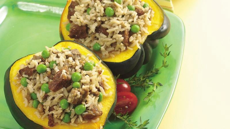 Squash with Vegetarian Sausage and Rice Stuffing