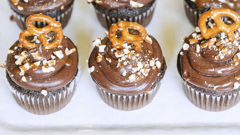 Chocolate Pretzel Cupcakes with Caramel Frosting