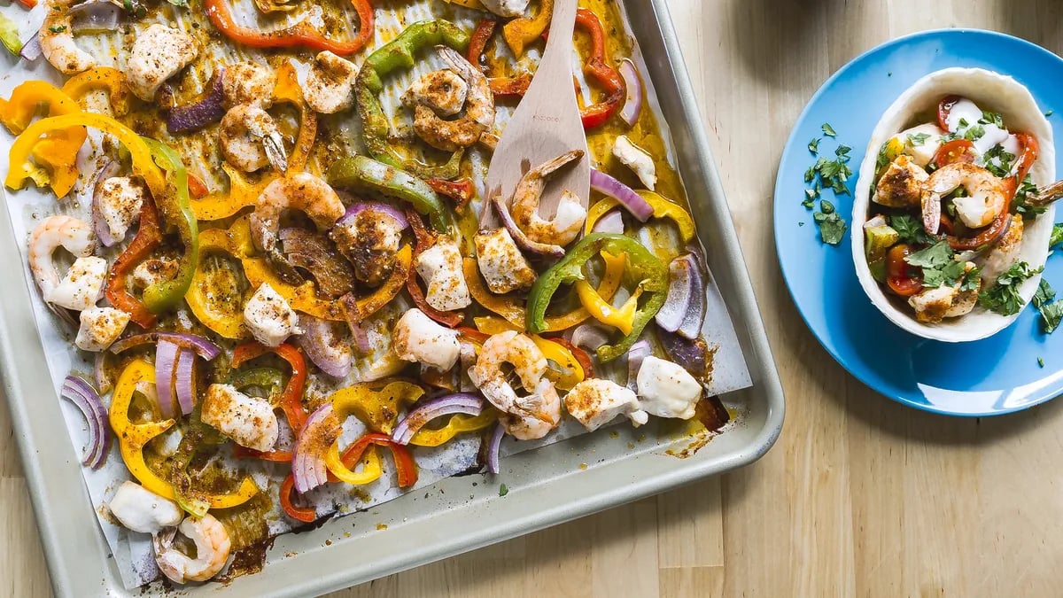 Sheet-Pan Chicken and Shrimp Fajitas