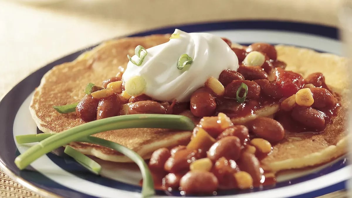 Cornmeal Pancakes with Chili Topping