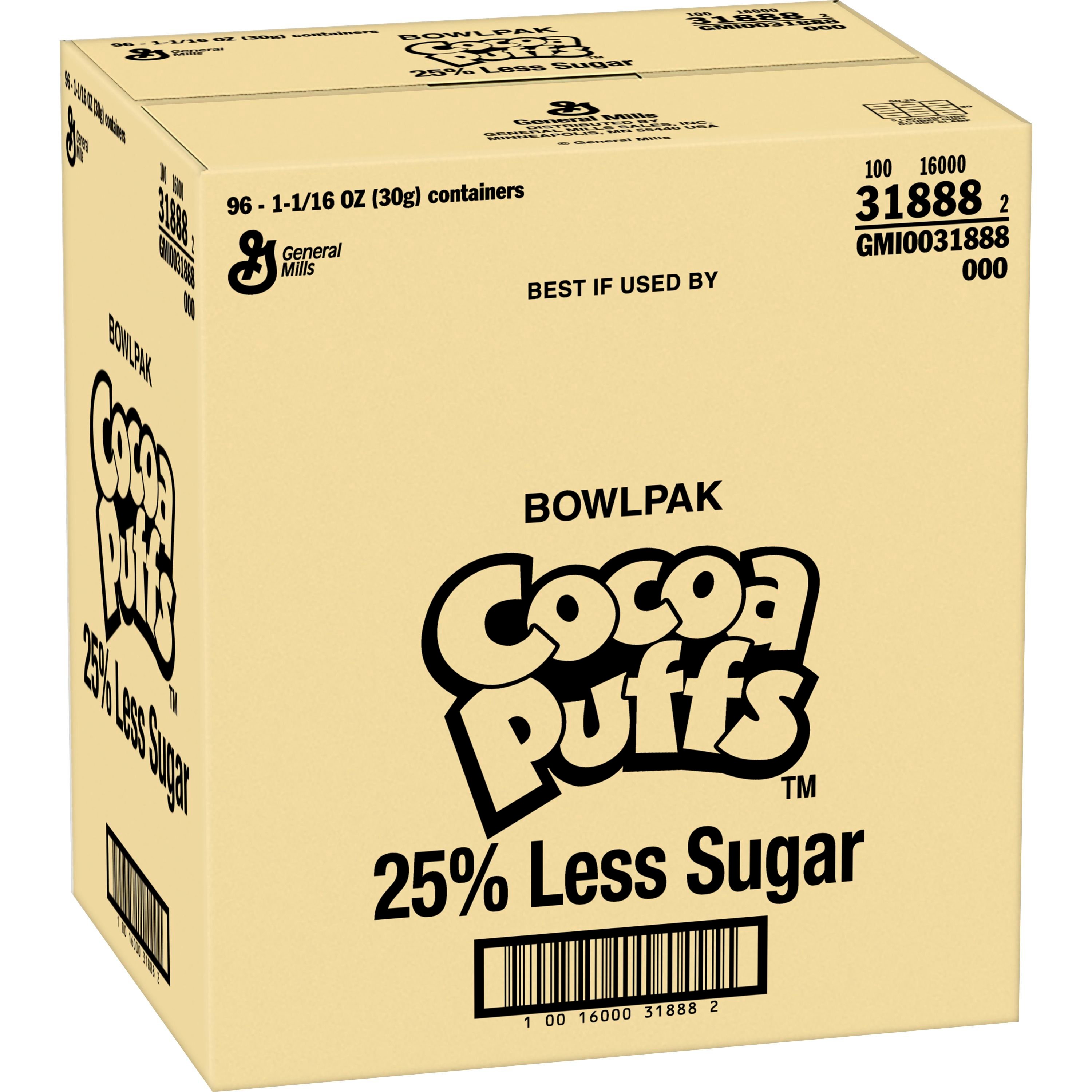 Case - Left Front 3D Cocoa Puffs(TM) Cereal 25% Less Sugar Single Serve Bowlpak (96 ct) 1.06 oz