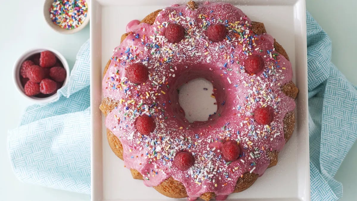 Rainbow Chip Bundt with Fresh Raspberry Glaze