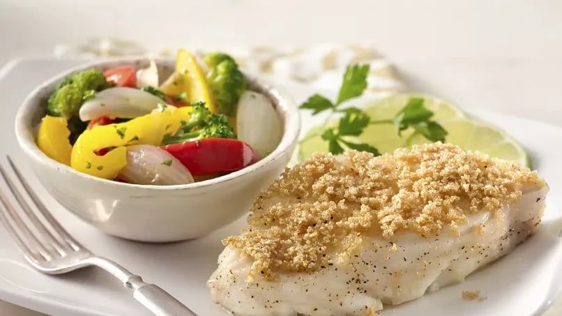 Amaranth Crusted Fish with Sautéed Vegetables