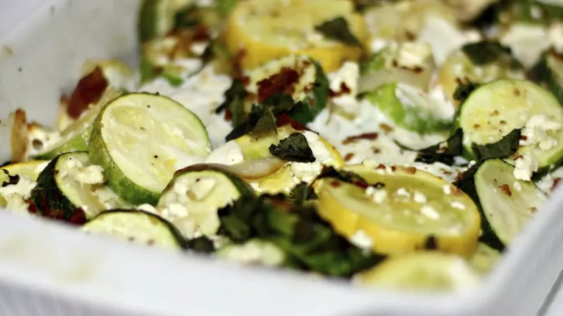 Baked Zucchini with Feta, Onion and Basil
