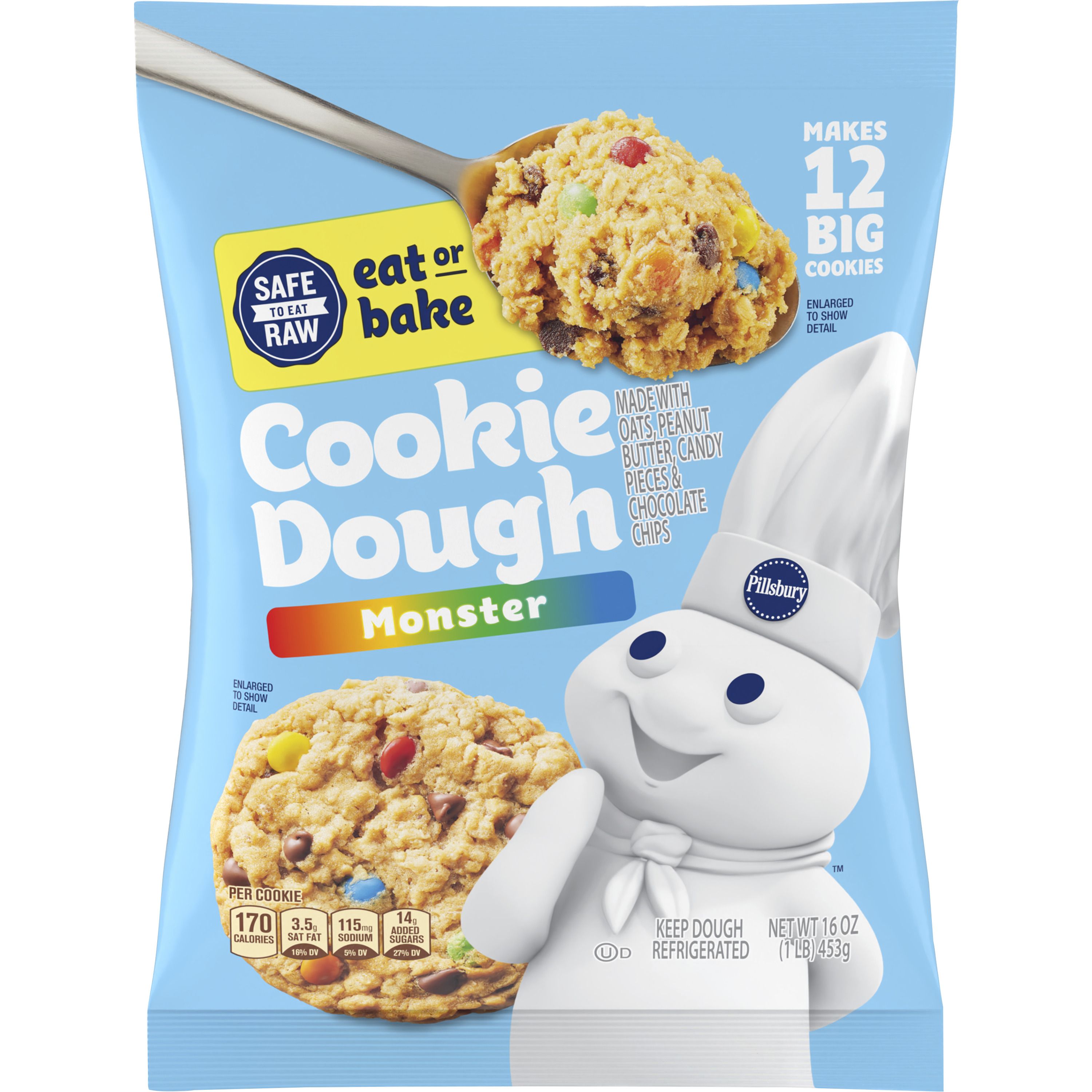 Pillsbury Ready to Bake Monster Refrigerated Cookie Dough, 12 Big Cookies, 16 oz - Front