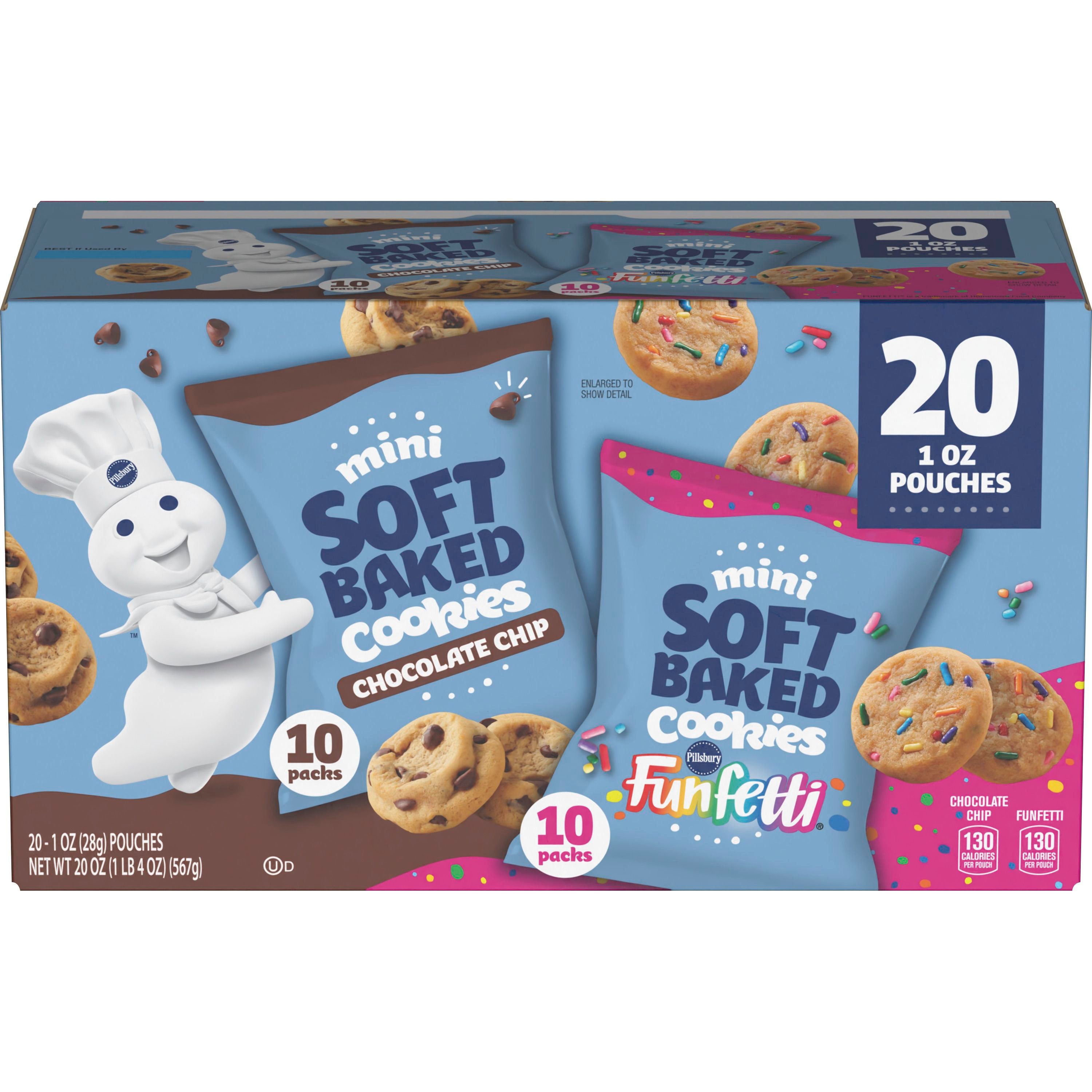 Pillsbury Chocolate Chip and Funfetti Mini Soft Baked Cookies 20 Count - Front