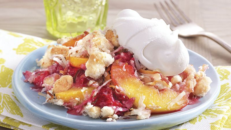 Peach and Raspberry Crumble with a Browned Butter Coconut Topping 