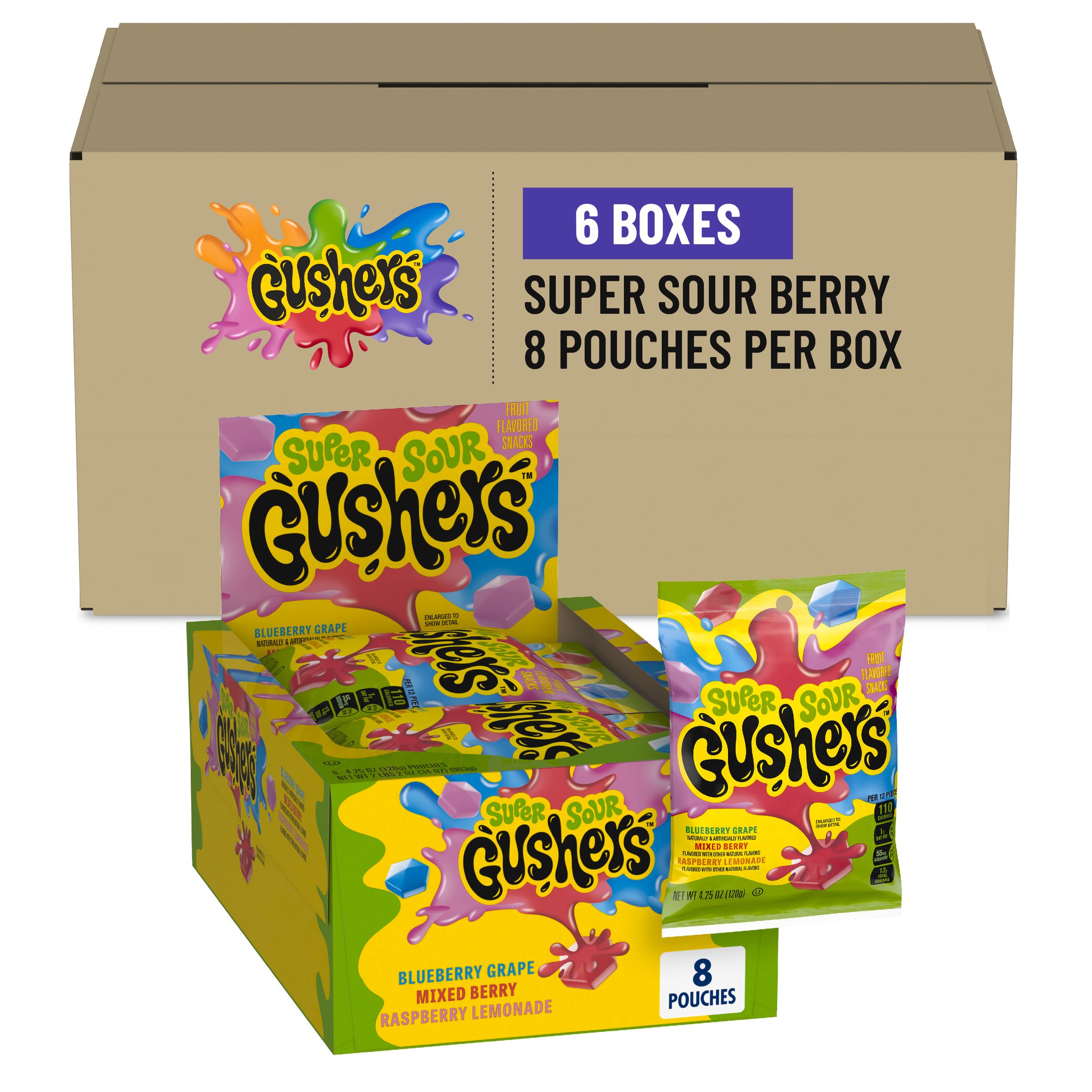  Case Optimized Hero Fruit Gushers Super Sour Berry Fruit Flavored Snacks 4.25oz pouch