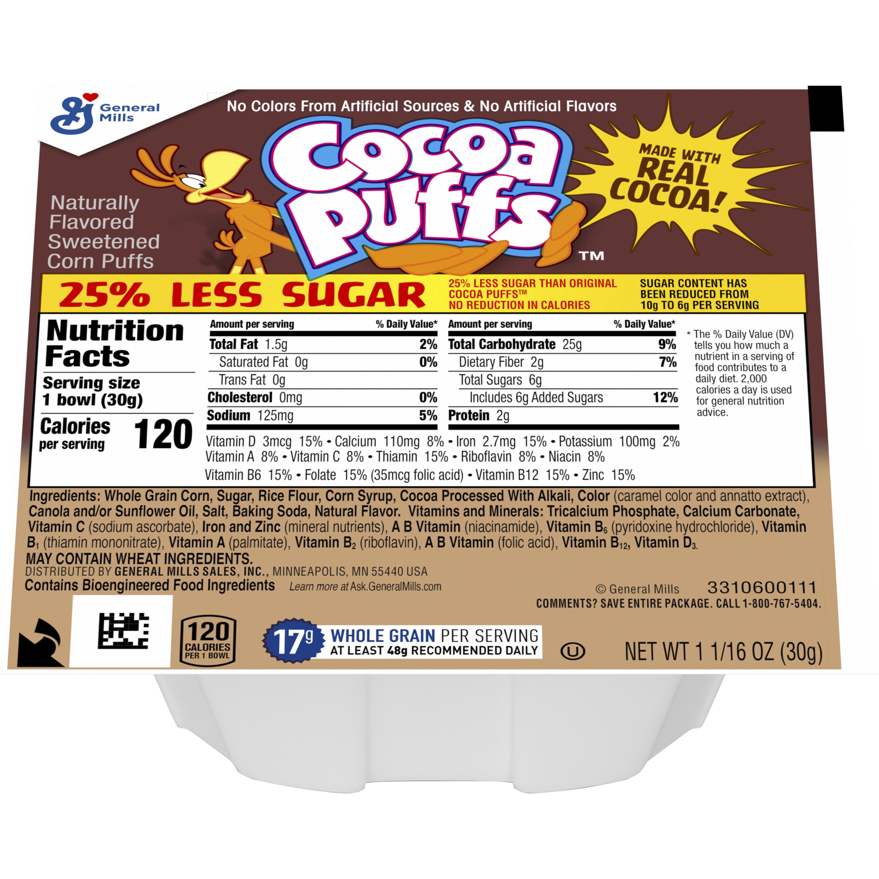 Front - 3D Cocoa Puffs Cereal Single Serve Bowlpak 25% Less Sugar 96/1.063 OZ