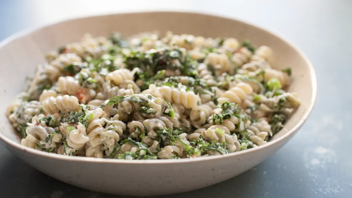 Creamy Kale Caesar Pasta Salad