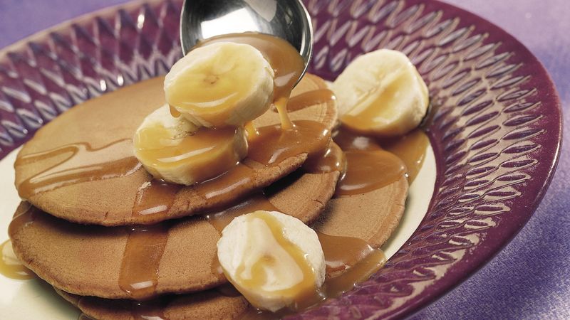 Cocoa Pancakes with Creamy Caramel-Banana Topping