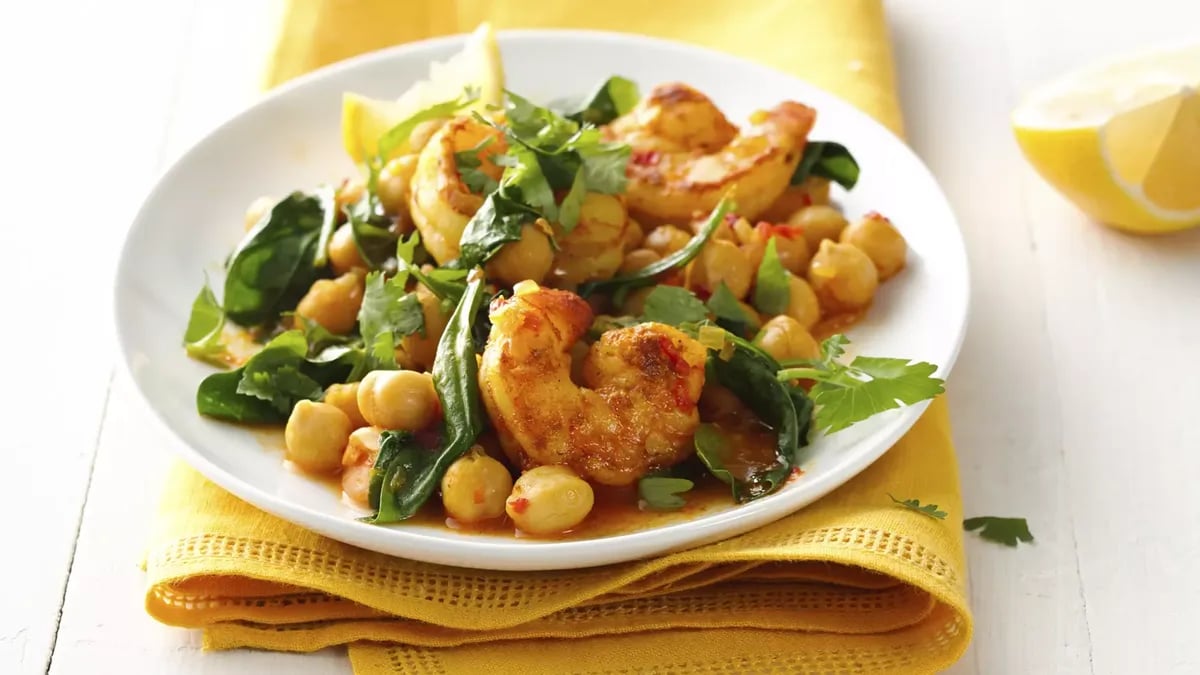 Gluten-Free Harissa Skillet Shrimp with Spinach and Chickpeas