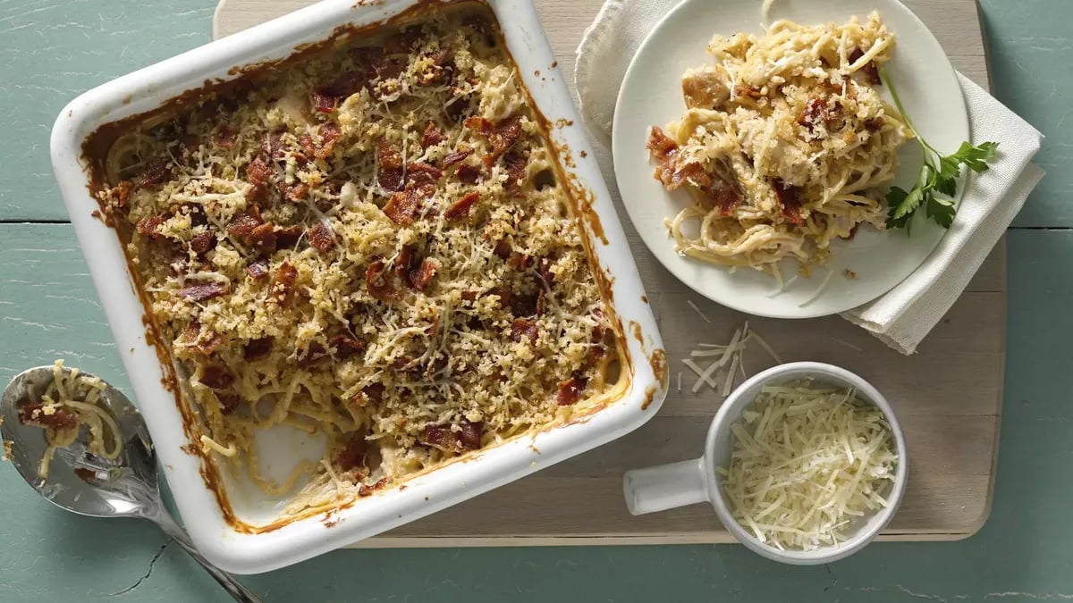 Cheesy Chicken and Bacon No-Boil Pasta Bake