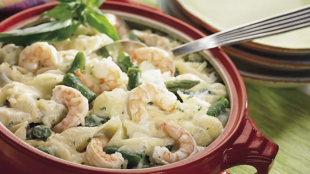 Asparagus, Shrimp and Shells Bake