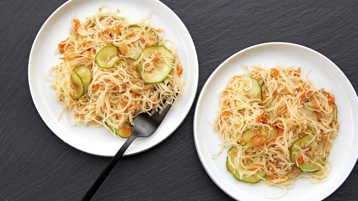 Seasoned Rice Noodles with Cucumber and Carrot Salad