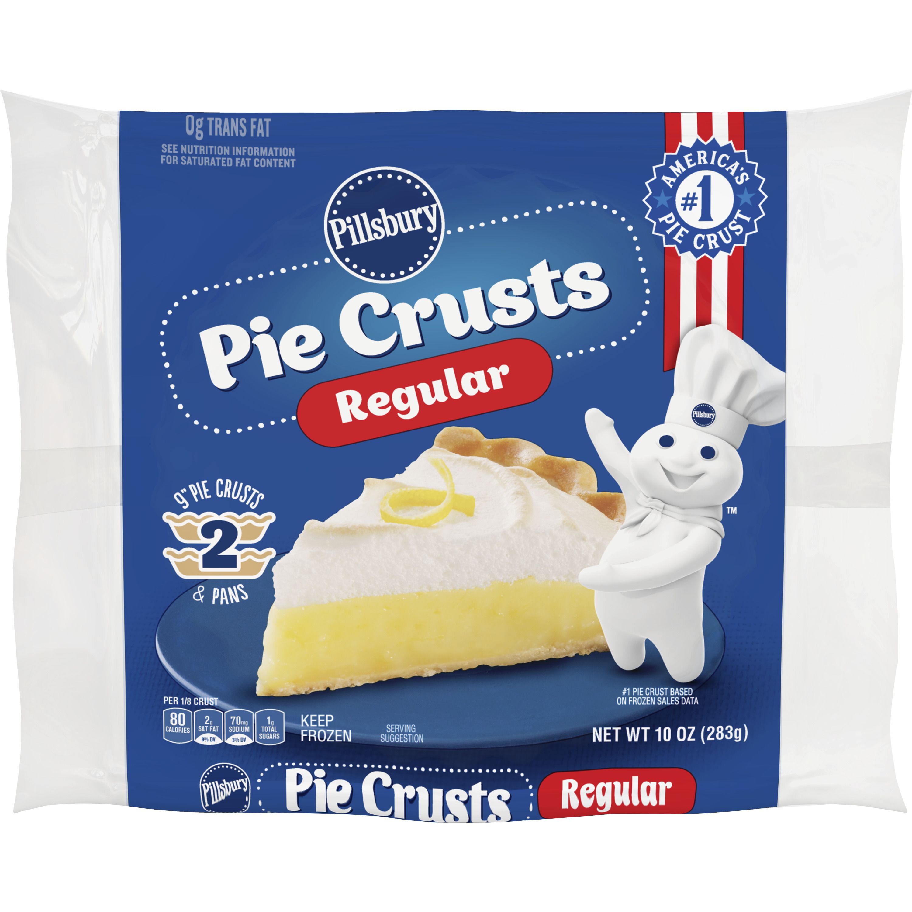 Pillsbury Frozen Pie Crust, Regular, Two 9-Inch Pie Crusts and Pans, 2 Ct, 10 oz - Front