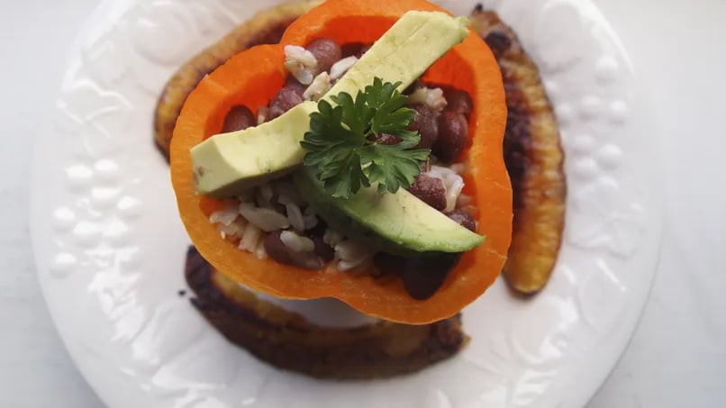 Gallo Pinto-Stuffed Peppers with Fried Sweet Plantains