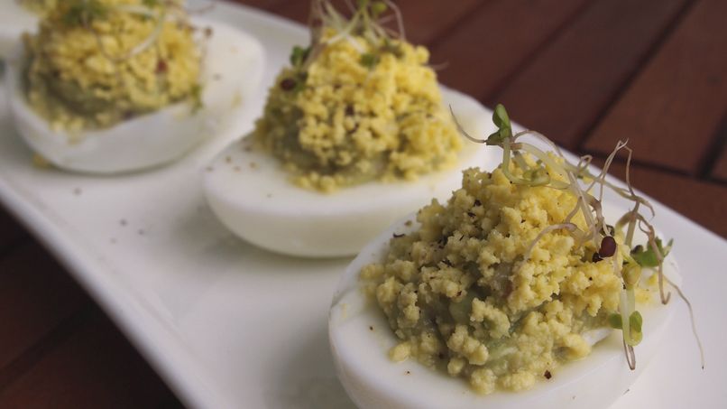 Guacamole Deviled Eggs with Kale Sprouts