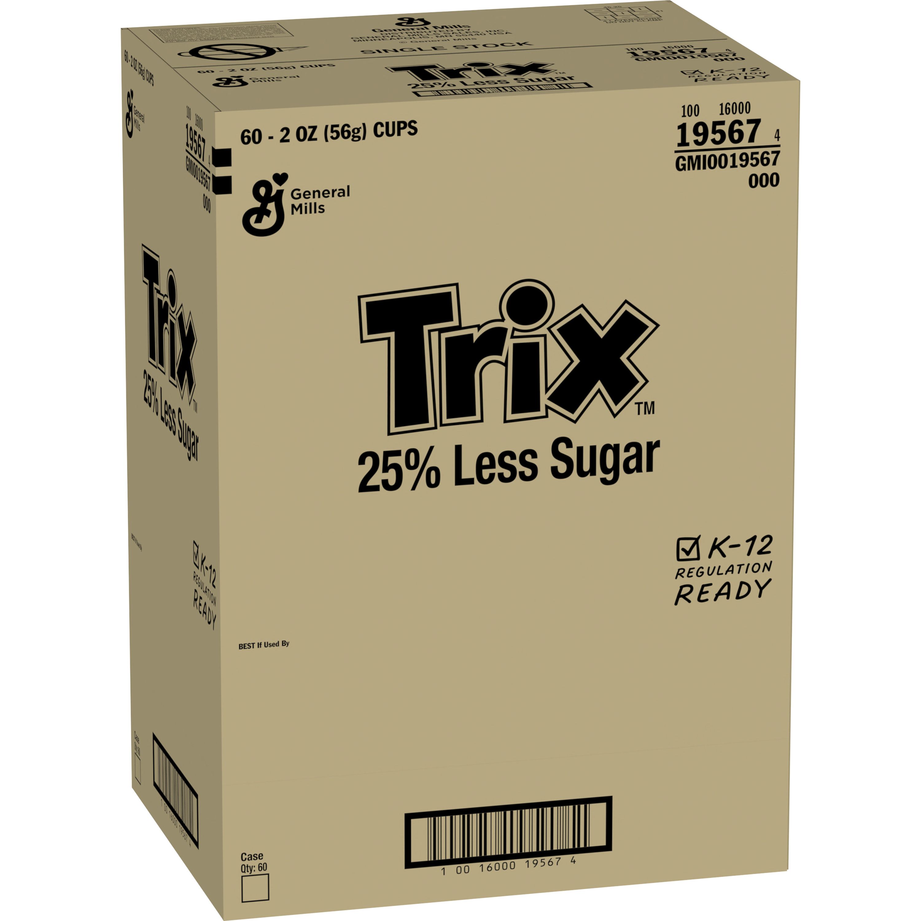 Case - Left Front 3D Trix Cereal Single Serve Cup 25% Less Sugar 60/2 OZ