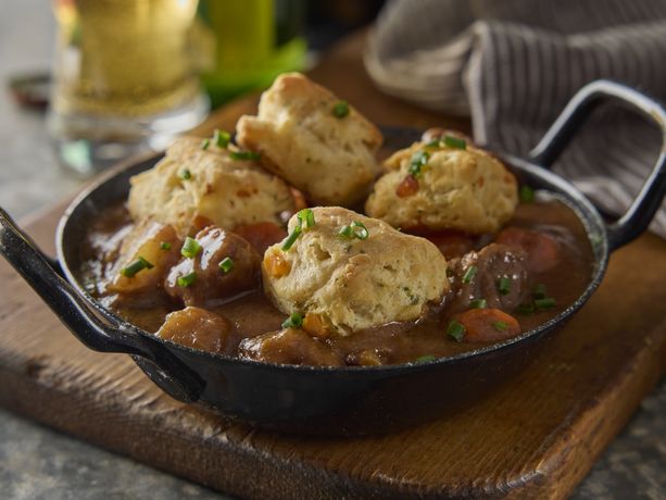 Beef Stew with Garlic Cheddar Biscuit Dumplings