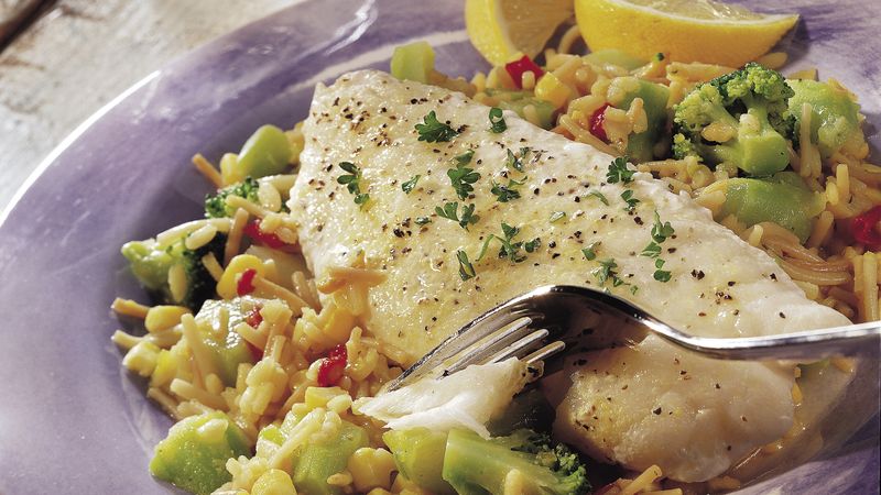 Lemony Fish over Vegetables and Rice