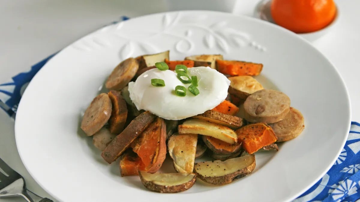 Roasted Two-Potato and Sausage Hash with Poached Eggs