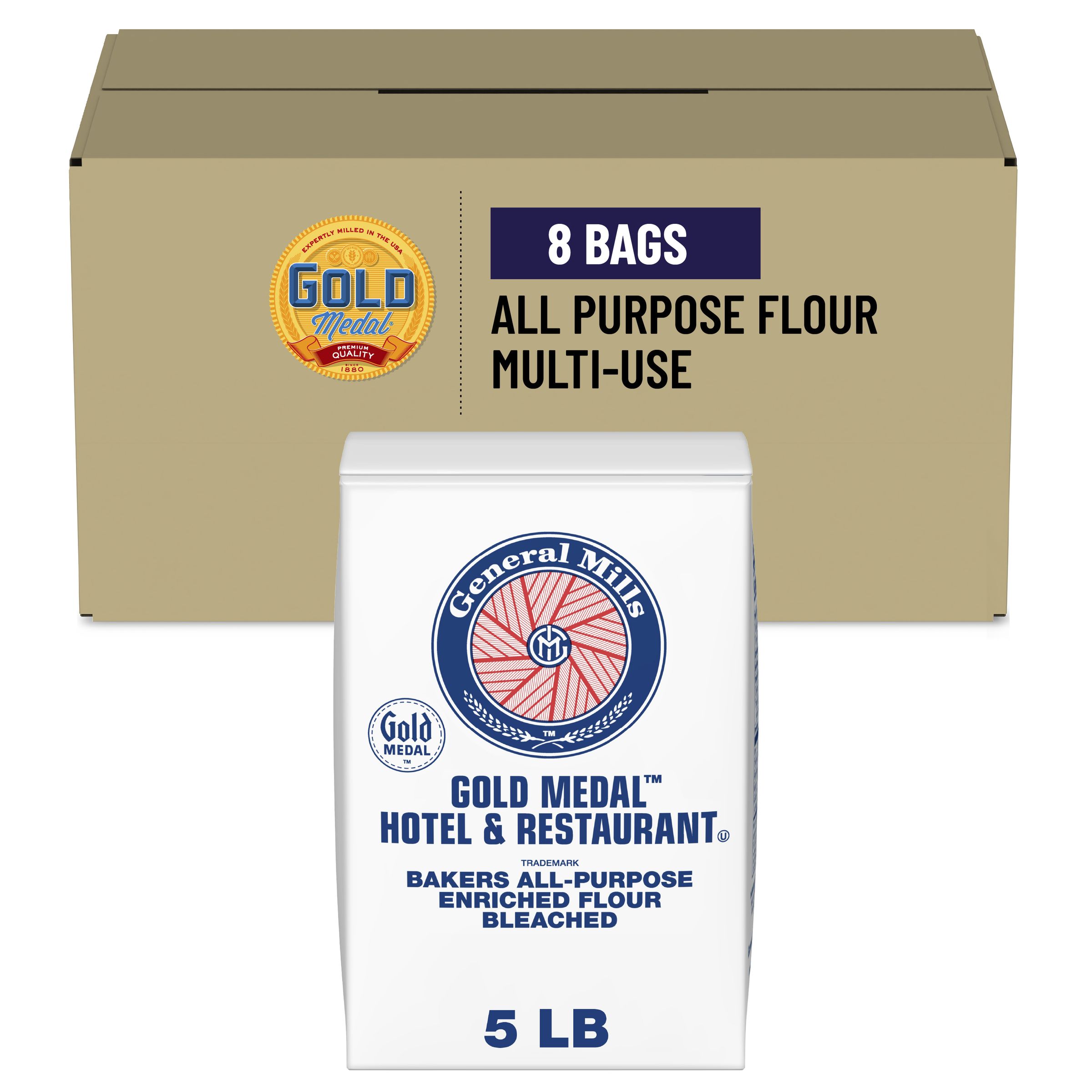  Case Optimized Hero Gold Medal Hotel & Restaurant Bakers All-Purpose Flour Bag Bundle Bleached Enriched 8/5 LB
