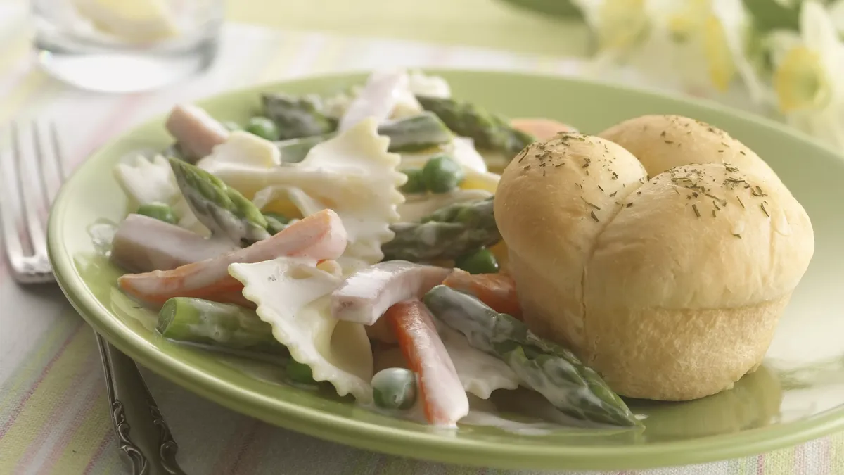 Creamy Bow-Tie Pasta with Spring Vegetables and Ham