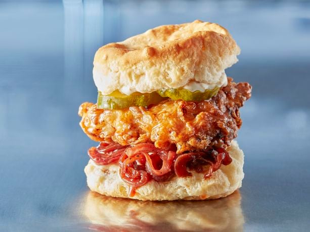 Fried Chicken and Biscuit Sandwich with Honey Onion Jam