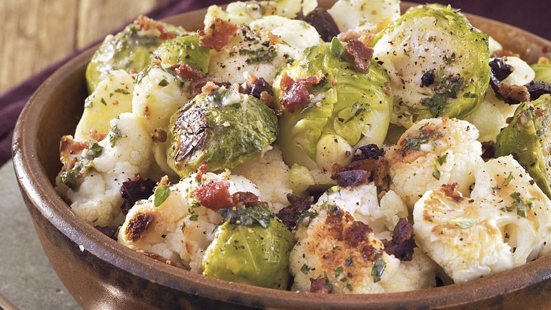Roasted Brussels Sprouts and Cauliflower with Bacon Dressing