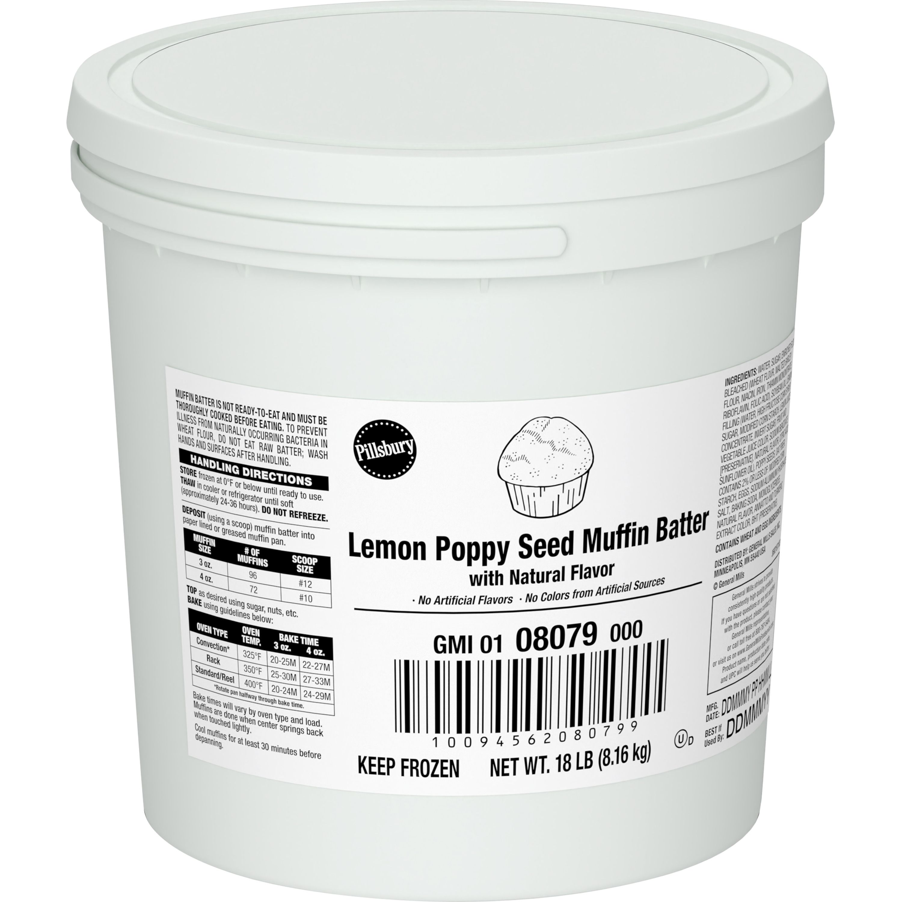 Case - Left Front 3D Pillsbury Frozen Muffin Batter Pail Lemon Poppy Seed 1/18 LB