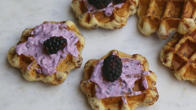 Cinnamon Roll Waffle with Blackberry Cream Cheese Frosting