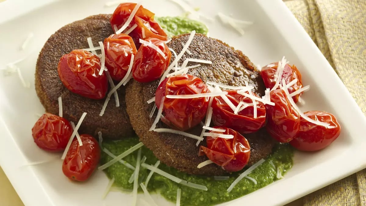 Gluten-Free Teff Cakes with Roasted Tomatoes and Arugula Pesto