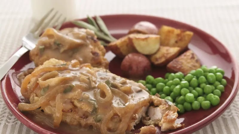 Oven-Fried Chicken with Sweet Onion-Mushroom Gravy