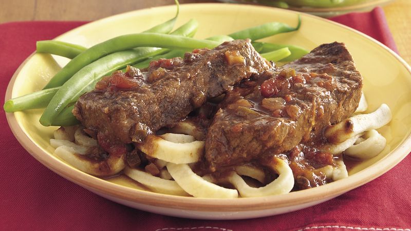 Slow-Cooker Salsa Swiss Steak with Noodles