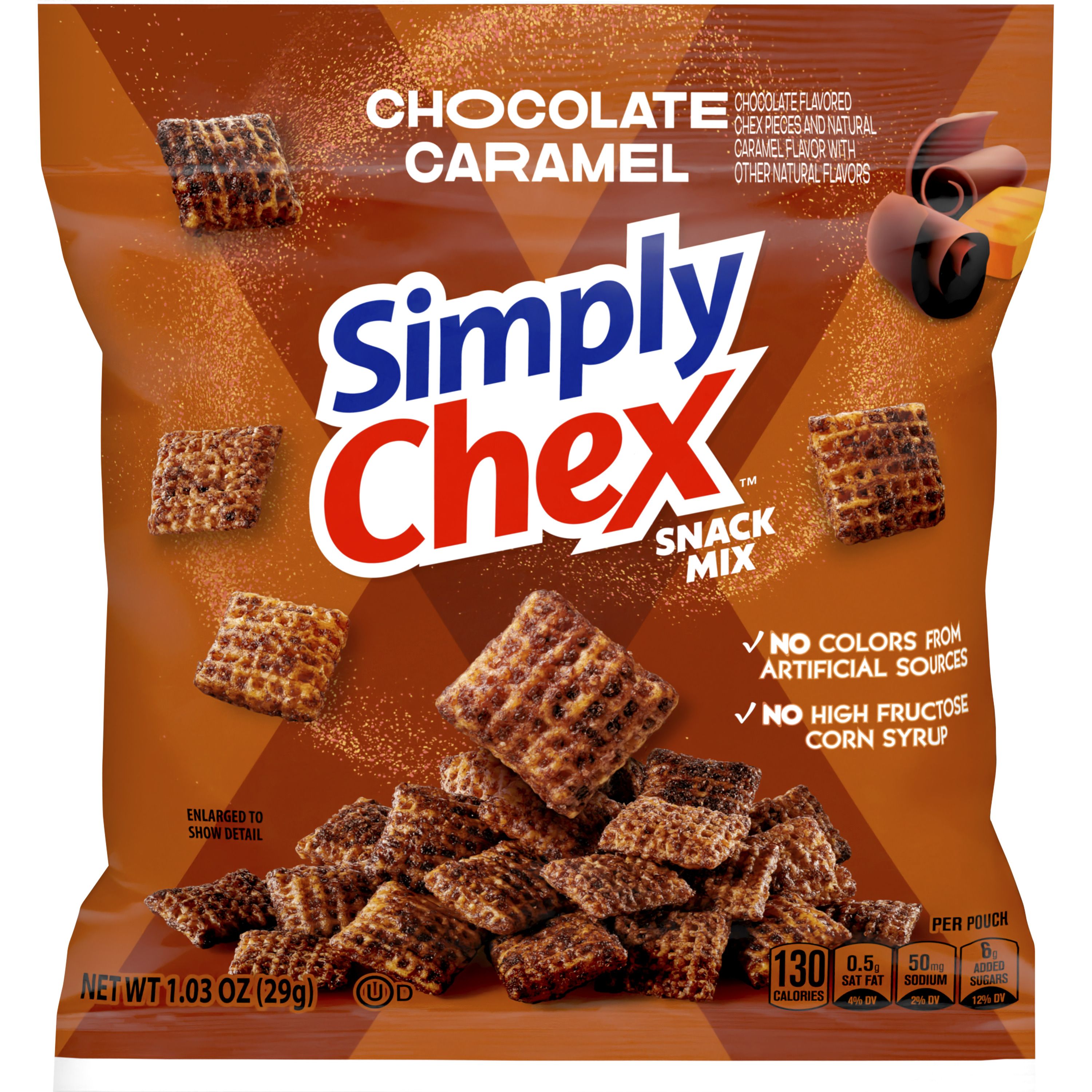 Front - 3D Simply Chex Snack Mix Single Serve Pouch Whole Grain-Rich Chocolate Caramel 60/1.03 OZ