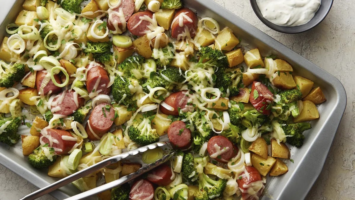 Sheet-Pan Kielbasa, Leek and Potato Dinner