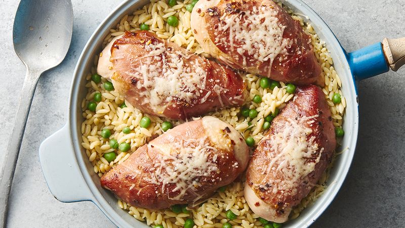 Prosciutto-Wrapped Chicken with Lemon Orzo and Peas