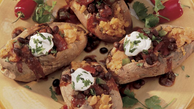 Sweet Potatoes with Spicy Black Bean Chili