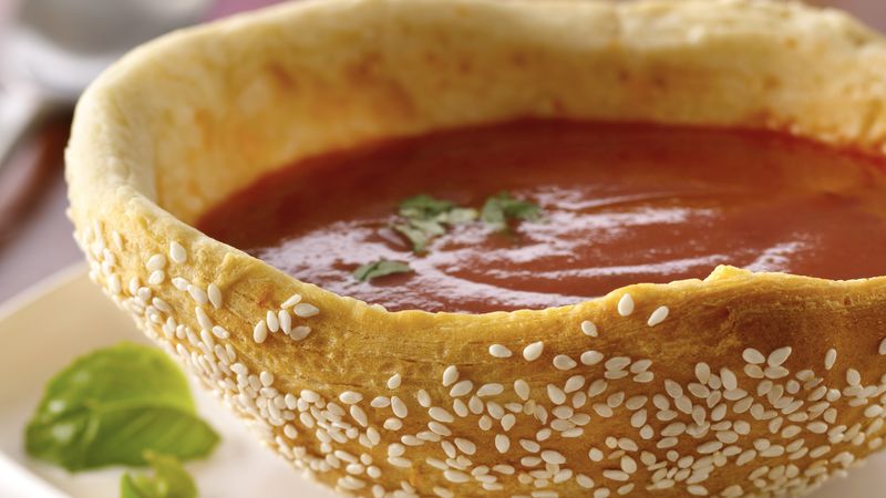 Tomato Basil Soup in Seeded Bread Bowls