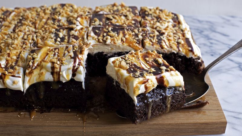 Chocolate-Caramel-Peanut Poke Cake
